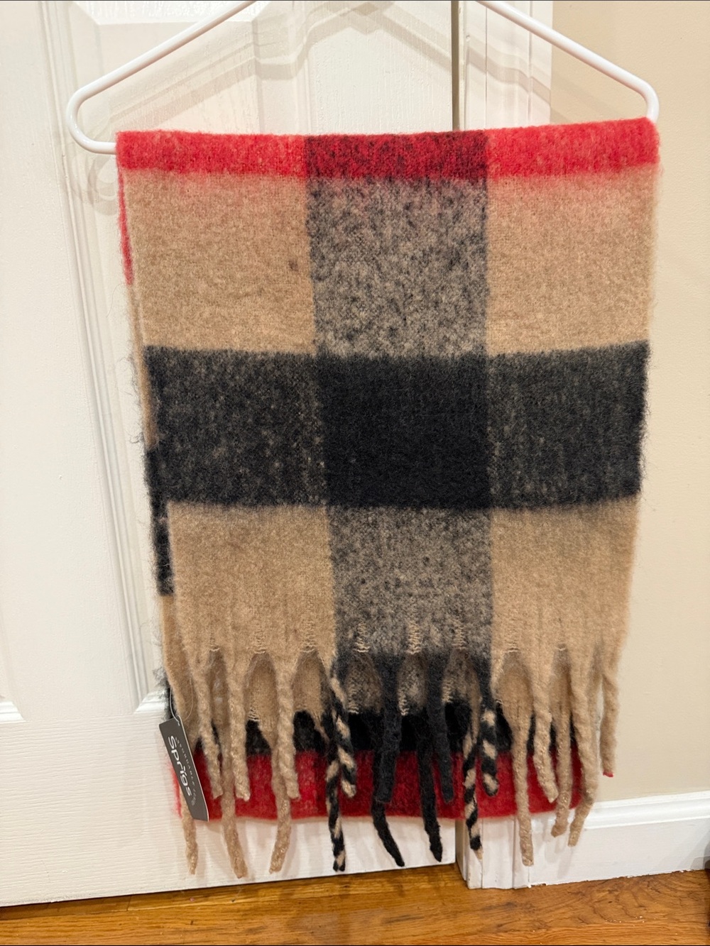 Cozy Plaid Fringe Scarf in Beige, Black & Red